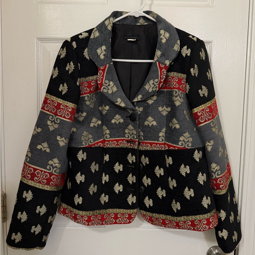 Courtenay Black and Red Blazer with Geometric Patterns